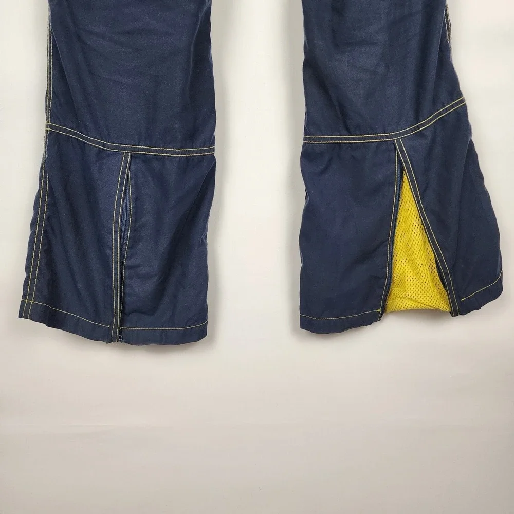 Vintage Navy Cargo Pants Yellow Contrast Stitch Mesh Zip Hem Wide Leg Streetwear
